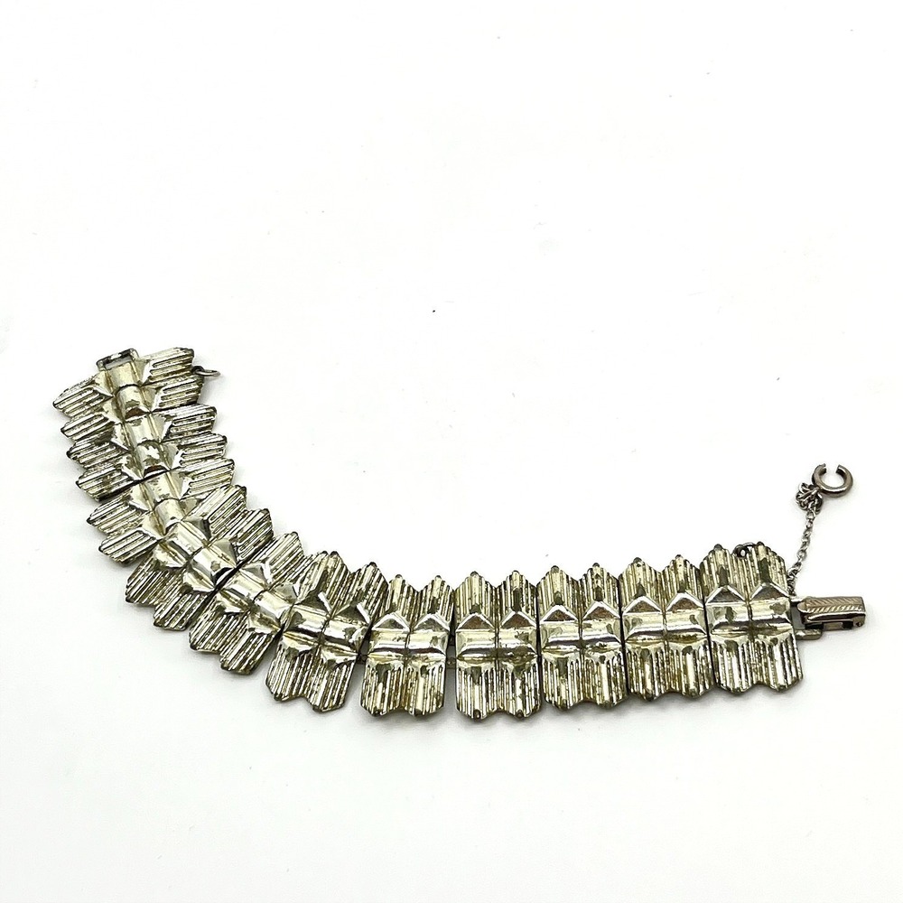 VTG Coro Silver‎ Tone Hammered Panel Bracelet Ribbed Art Deco Style Mid-Century